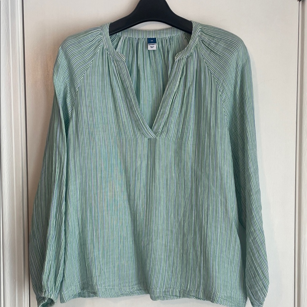 Old Navy Green Striped Cotton Popover Blouse XS